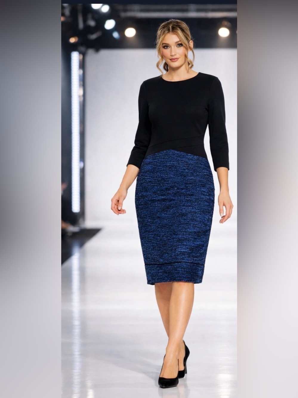 Avalon Mixed Media Sheath Midi Dress | Black & Blue Textured | Size 2